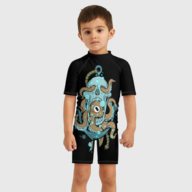 Детский купальный костюм 3D с принтом ЧЕРЕП И ЩУПАЛЬЦА в Тюмени, Полиэстер 85%, Спандекс 15% | застежка на молнии на спине | sea | skull | tantecls | water | вода | глаз | голова | море | морская | океан | осьминог | череп | щупальца | якорь