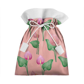 Подарочный 3D мешок с принтом Антуриумы на светлом фоне в Тюмени, 100% полиэстер | Размер: 29*39 см | антуриумы | весна | лето | листья | паттерн | природа | растения | романтика | узор | цветы