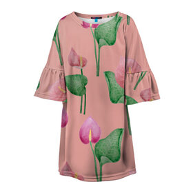 Детское платье 3D с принтом Антуриумы на светлом фоне в Тюмени, 100% полиэстер | прямой силуэт, чуть расширенный к низу. Круглая горловина, на рукавах — воланы | антуриумы | весна | лето | листья | паттерн | природа | растения | романтика | узор | цветы