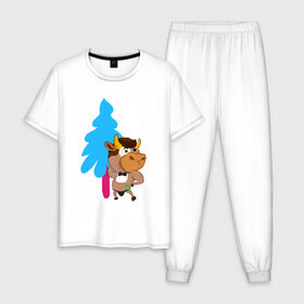 Мужская пижама хлопок с принтом Бык-стриптизер на елке 18+ в Тюмени, 100% хлопок | брюки и футболка прямого кроя, без карманов, на брюках мягкая резинка на поясе и по низу штанин
 | 