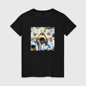 Женская футболка хлопок с принтом Диего Марадона  в Тюмени, 100% хлопок | прямой крой, круглый вырез горловины, длина до линии бедер, слегка спущенное плечо | diego | maradona | maradonna | napoli | бога | диего | марадона | марадонна | наполи | ретро | рука | форма | футбол