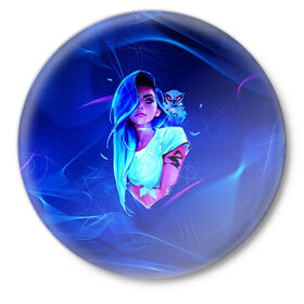 Значок с принтом Neon Girl в Тюмени,  металл | круглая форма, металлическая застежка в виде булавки | art | neon girl | голубые волосы девушки | девушка | неон | светящая девочка | филин