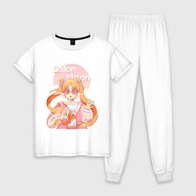 Женская пижама хлопок с принтом Sailor Moon Coffee в Тюмени, 100% хлопок | брюки и футболка прямого кроя, без карманов, на брюках мягкая резинка на поясе и по низу штанин | anime | animegirl | cute | kavai | kavaii | madara | manga | sailor | sailorchibimoon | sailorjupiter | sailormars | sailormercury | sailormoon | sailormooncrystal | sailorvenus | usagi | usagitsukino | аниме | анимесейлормун | каваи | сейлормун