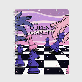 Тетрадь с принтом The Queens Gambit в Тюмени, 100% бумага | 48 листов, плотность листов — 60 г/м2, плотность картонной обложки — 250 г/м2. Листы скреплены сбоку удобной пружинной спиралью. Уголки страниц и обложки скругленные. Цвет линий — светло-серый
 | Тематика изображения на принте: beth harmon | chess | queens gambit | the queens gambit | аня тейлор джой | бет хармон | нетфликс | ход королевы | шахматы