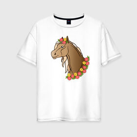 Женская футболка хлопок Oversize с принтом Лошадь в цветах в Тюмени, 100% хлопок | свободный крой, круглый ворот, спущенный рукав, длина до линии бедер
 | 