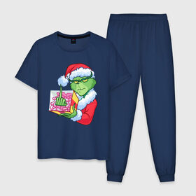Мужская пижама хлопок с принтом Новый год. Гринч в Тюмени, 100% хлопок | брюки и футболка прямого кроя, без карманов, на брюках мягкая резинка на поясе и по низу штанин
 | Тематика изображения на принте: 2021 | гринч | новый год | подарок | рождество