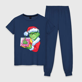 Женская пижама хлопок с принтом Новый год. Гринч в Тюмени, 100% хлопок | брюки и футболка прямого кроя, без карманов, на брюках мягкая резинка на поясе и по низу штанин | 2021 | гринч | новый год | подарок | рождество