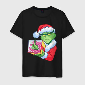 Мужская футболка хлопок с принтом Новый год. Гринч в Тюмени, 100% хлопок | прямой крой, круглый вырез горловины, длина до линии бедер, слегка спущенное плечо. | Тематика изображения на принте: 2021 | гринч | новый год | подарок | рождество
