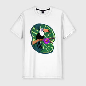 Мужская футболка хлопок Slim с принтом Тукан в Тюмени, 92% хлопок, 8% лайкра | приталенный силуэт, круглый вырез ворота, длина до линии бедра, короткий рукав | лето | пальмы | природа | птицы | растения | тропики | тукан | цветы