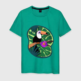 Мужская футболка хлопок с принтом Тукан в Тюмени, 100% хлопок | прямой крой, круглый вырез горловины, длина до линии бедер, слегка спущенное плечо. | лето | пальмы | природа | птицы | растения | тропики | тукан | цветы