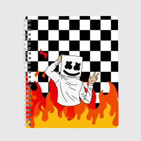 Тетрадь с принтом MARSHMELLO в Тюмени, 100% бумага | 48 листов, плотность листов — 60 г/м2, плотность картонной обложки — 250 г/м2. Листы скреплены сбоку удобной пружинной спиралью. Уголки страниц и обложки скругленные. Цвет линий — светло-серый
 | Тематика изображения на принте: fortnite | game. | marshmello | music | маршмелло | маршмело | музыка | фортнайт