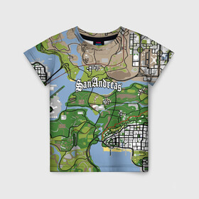 Детская футболка 3D с принтом GTA San Andreas map в Тюмени, 100% гипоаллергенный полиэфир | прямой крой, круглый вырез горловины, длина до линии бедер, чуть спущенное плечо, ткань немного тянется | game | grand theft auto | gta san andreas | гта сан андреас | игра | карта | самп