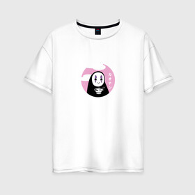 Женская футболка хлопок Oversize с принтом Безликий с лапшой в Тюмени, 100% хлопок | свободный крой, круглый ворот, спущенный рукав, длина до линии бедер
 | anime | аниме | безликий | еда | иероглифы | каонаси | лапша | милый | мультик | мультфильм | персонаж | рамен | унесенные призраками