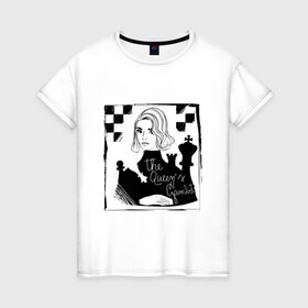 Женская футболка хлопок с принтом ХОД КОРОЛЕВЫ в Тюмени, 100% хлопок | прямой крой, круглый вырез горловины, длина до линии бедер, слегка спущенное плечо | chess | netflix | the queens gambit | бет хармон | нетфликс | ход королевы | шахматистка. | шахматы