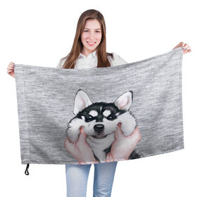 Флаг 3D с принтом Хаски в Тюмени, 100% полиэстер | плотность ткани — 95 г/м2, размер — 67 х 109 см. Принт наносится с одной стороны | Тематика изображения на принте: гладить собаку | животные | пёс | пёсики | серый фон | сибирский хаски | собаки | хаски