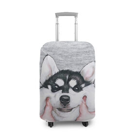 Чехол для чемодана 3D с принтом Хаски в Тюмени, 86% полиэфир, 14% спандекс | двустороннее нанесение принта, прорези для ручек и колес | Тематика изображения на принте: гладить собаку | животные | пёс | пёсики | серый фон | сибирский хаски | собаки | хаски