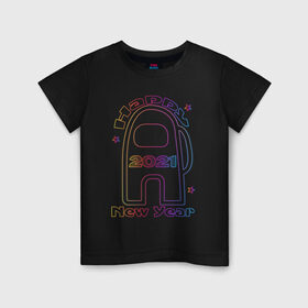 Детская футболка хлопок с принтом Among Us 2021 Neon | Новый год в Тюмени, 100% хлопок | круглый вырез горловины, полуприлегающий силуэт, длина до линии бедер | Тематика изображения на принте: 