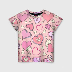 Детская футболка 3D с принтом Розовые сердечки в Тюмени, 100% гипоаллергенный полиэфир | прямой крой, круглый вырез горловины, длина до линии бедер, чуть спущенное плечо, ткань немного тянется | для девочек | любимой | любовь | розовое | романтика | сердечки | сердечко | сердце
