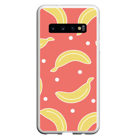 Чехол для Samsung Galaxy S10 с принтом Банановый рай в Тюмени, Силикон | Область печати: задняя сторона чехла, без боковых панелей | Тематика изображения на принте: банан | банановый | белый | еда | желтый | летний | питание | розовый | точки | фрукт