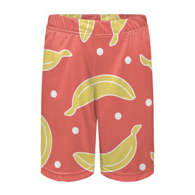 Детские спортивные шорты 3D с принтом Банановый рай в Тюмени,  100% полиэстер
 | пояс оформлен широкой мягкой резинкой, ткань тянется
 | банан | банановый | белый | еда | желтый | летний | питание | розовый | точки | фрукт