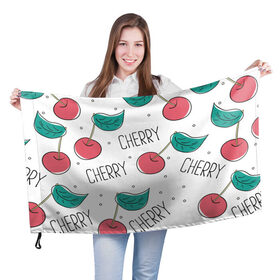 Флаг 3D с принтом Вишенки Cherry в Тюмени, 100% полиэстер | плотность ткани — 95 г/м2, размер — 67 х 109 см. Принт наносится с одной стороны | cherry | белый | вишня | красный | лето | надпись | сад | черенок | черешня | ягода