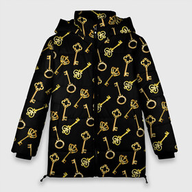 Женская зимняя куртка 3D с принтом Золотые ключики в Тюмени, верх — 100% полиэстер; подкладка — 100% полиэстер; утеплитель — 100% полиэстер | длина ниже бедра, силуэт Оверсайз. Есть воротник-стойка, отстегивающийся капюшон и ветрозащитная планка. 

Боковые карманы с листочкой на кнопках и внутренний карман на молнии | gold | golden | hipster | pattern | retro | винтаж | волшебный | джаз | замок | золотистый | золото | золотой ключик | империя | классика | ключ | ключик | корона | открытие | паттерн | ретро стиль | символ | сказочный