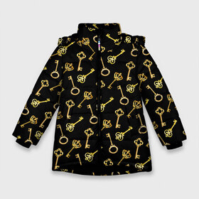 Зимняя куртка для девочек 3D с принтом Золотые ключики в Тюмени, ткань верха — 100% полиэстер; подклад — 100% полиэстер, утеплитель — 100% полиэстер. | длина ниже бедра, удлиненная спинка, воротник стойка и отстегивающийся капюшон. Есть боковые карманы с листочкой на кнопках, утяжки по низу изделия и внутренний карман на молнии. 

Предусмотрены светоотражающий принт на спинке, радужный светоотражающий элемент на пуллере молнии и на резинке для утяжки. | gold | golden | hipster | pattern | retro | винтаж | волшебный | джаз | замок | золотистый | золото | золотой ключик | империя | классика | ключ | ключик | корона | открытие | паттерн | ретро стиль | символ | сказочный