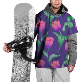 Накидка на куртку 3D с принтом Тюльпаны на фиолетовом фоне в Тюмени, 100% полиэстер |  | Тематика изображения на принте: зеленый | листья | любовь | паттерн | праздник | природа | растения | розовый | романтика | тюльпаны | узор | фиолетовый | цветы