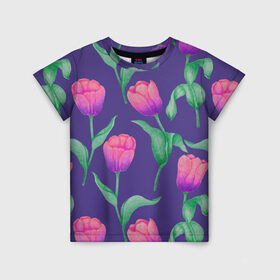 Детская футболка 3D с принтом Тюльпаны на фиолетовом фоне в Тюмени, 100% гипоаллергенный полиэфир | прямой крой, круглый вырез горловины, длина до линии бедер, чуть спущенное плечо, ткань немного тянется | Тематика изображения на принте: зеленый | листья | любовь | паттерн | праздник | природа | растения | розовый | романтика | тюльпаны | узор | фиолетовый | цветы