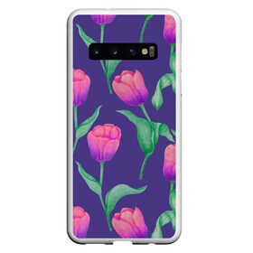 Чехол для Samsung Galaxy S10 с принтом Тюльпаны на фиолетовом фоне в Тюмени, Силикон | Область печати: задняя сторона чехла, без боковых панелей | зеленый | листья | любовь | паттерн | праздник | природа | растения | розовый | романтика | тюльпаны | узор | фиолетовый | цветы