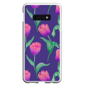 Чехол для Samsung S10E с принтом Тюльпаны на фиолетовом фоне в Тюмени, Силикон | Область печати: задняя сторона чехла, без боковых панелей | зеленый | листья | любовь | паттерн | праздник | природа | растения | розовый | романтика | тюльпаны | узор | фиолетовый | цветы