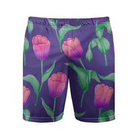 Мужские шорты спортивные с принтом Тюльпаны на фиолетовом фоне в Тюмени,  |  | Тематика изображения на принте: зеленый | листья | любовь | паттерн | праздник | природа | растения | розовый | романтика | тюльпаны | узор | фиолетовый | цветы