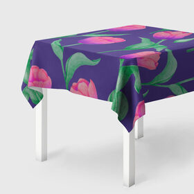 Скатерть 3D с принтом Тюльпаны на фиолетовом фоне в Тюмени, 100% полиэстер (ткань не мнется и не растягивается) | Размер: 150*150 см | зеленый | листья | любовь | паттерн | праздник | природа | растения | розовый | романтика | тюльпаны | узор | фиолетовый | цветы