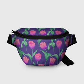 Поясная сумка 3D с принтом Тюльпаны на фиолетовом фоне в Тюмени, 100% полиэстер | плотная ткань, ремень с регулируемой длиной, внутри несколько карманов для мелочей, основное отделение и карман с обратной стороны сумки застегиваются на молнию | зеленый | листья | любовь | паттерн | праздник | природа | растения | розовый | романтика | тюльпаны | узор | фиолетовый | цветы