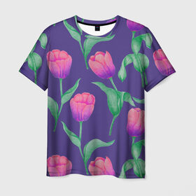Мужская футболка 3D с принтом Тюльпаны на фиолетовом фоне в Тюмени, 100% полиэфир | прямой крой, круглый вырез горловины, длина до линии бедер | Тематика изображения на принте: зеленый | листья | любовь | паттерн | праздник | природа | растения | розовый | романтика | тюльпаны | узор | фиолетовый | цветы
