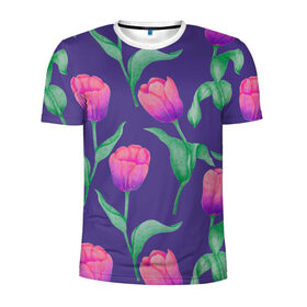 Мужская футболка 3D спортивная с принтом Тюльпаны на фиолетовом фоне в Тюмени, 100% полиэстер с улучшенными характеристиками | приталенный силуэт, круглая горловина, широкие плечи, сужается к линии бедра | Тематика изображения на принте: зеленый | листья | любовь | паттерн | праздник | природа | растения | розовый | романтика | тюльпаны | узор | фиолетовый | цветы