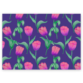 Поздравительная открытка с принтом Тюльпаны на фиолетовом фоне в Тюмени, 100% бумага | плотность бумаги 280 г/м2, матовая, на обратной стороне линовка и место для марки
 | зеленый | листья | любовь | паттерн | праздник | природа | растения | розовый | романтика | тюльпаны | узор | фиолетовый | цветы