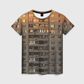 Женская футболка 3D с принтом Панелька в Тюмени, 100% полиэфир ( синтетическое хлопкоподобное полотно) | прямой крой, круглый вырез горловины, длина до линии бедер | архитектура | грусть | здание | панелька | панельный дом | россия | советский | ссср | фото | эстетика