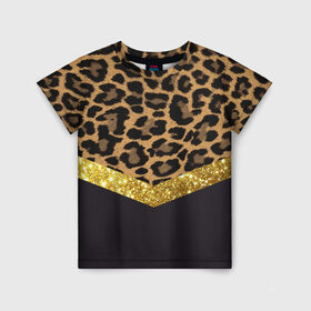 Детская футболка 3D с принтом Леопардовый принт в Тюмени, 100% гипоаллергенный полиэфир | прямой крой, круглый вырез горловины, длина до линии бедер, чуть спущенное плечо, ткань немного тянется | Тематика изображения на принте: success | swagg | блеск | блестки | животнй принт | золотистый | золото | золотой | леопард | леопардовый принт | понты | тигровый
