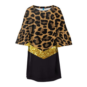 Детское платье 3D с принтом Леопардовый принт в Тюмени, 100% полиэстер | прямой силуэт, чуть расширенный к низу. Круглая горловина, на рукавах — воланы | Тематика изображения на принте: success | swagg | блеск | блестки | животнй принт | золотистый | золото | золотой | леопард | леопардовый принт | понты | тигровый