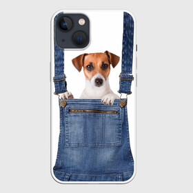 Чехол для iPhone 13 с принтом ЩЕНОК В КАРМАШКЕ в Тюмени,  |  | dog | jeans | packet | гав | джинсовый | дружок | животные | звери | карман | комбинезон | ломашние | одежда | пес | собака | щенок
