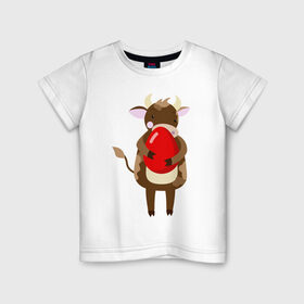Детская футболка хлопок с принтом Новогодний бык с киндером в Тюмени, 100% хлопок | круглый вырез горловины, полуприлегающий силуэт, длина до линии бедер | Тематика изображения на принте: 