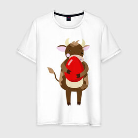 Мужская футболка хлопок с принтом Новогодний бык с киндером в Тюмени, 100% хлопок | прямой крой, круглый вырез горловины, длина до линии бедер, слегка спущенное плечо. | Тематика изображения на принте: 