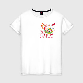 Женская футболка хлопок с принтом Be happy в Тюмени, 100% хлопок | прямой крой, круглый вырез горловины, длина до линии бедер, слегка спущенное плечо | daffy | duck | looney | pig | porky | tunes | vdzajul | дак | даффи | пиг | порки