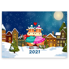 Поздравительная открытка с принтом Влюбленные бык и корова 2021 в Тюмени, 100% бумага | плотность бумаги 280 г/м2, матовая, на обратной стороне линовка и место для марки
 | 2021 | 7 января | bull | newyear | santa | бык | быки | бычок | год быка | дед мороз | корова | новогодние каникулы | новогодние праздники | новый 2021 | новый год | новый год 2021 | рождество | сани | санта | санта клаус