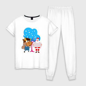 Женская пижама хлопок с принтом Санта и бык Новый год 2021 в Тюмени, 100% хлопок | брюки и футболка прямого кроя, без карманов, на брюках мягкая резинка на поясе и по низу штанин | 