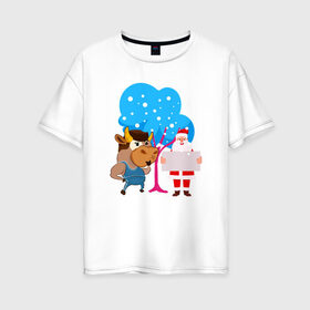 Женская футболка хлопок Oversize с принтом Санта и бык Новый год 2021 в Тюмени, 100% хлопок | свободный крой, круглый ворот, спущенный рукав, длина до линии бедер
 | 