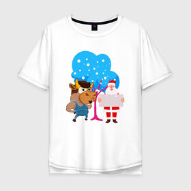 Мужская футболка хлопок Oversize с принтом Санта и бык Новый год 2021 в Тюмени, 100% хлопок | свободный крой, круглый ворот, “спинка” длиннее передней части | 