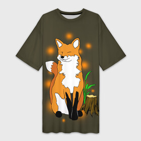 Платье-футболка 3D с принтом Лиса в лесу в Тюмени,  |  | animals | fox | в лесу | дерево | дикий | животные | зверек | зверь | кусты | лес | лесной | лесные | лиса | лисенок | лисица | лисичка | листья | мордочка | мультяшный | пенек | природа | растения | рыжая