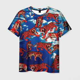 Мужская футболка 3D с принтом Тигры В Облаках в Тюмени, 100% полиэфир | прямой крой, круглый вырез горловины, длина до линии бедер | белый | животные | звери | кот | кошки | красный | небо | облака | полосатый | природа | рычит | синий | тигры | тренд